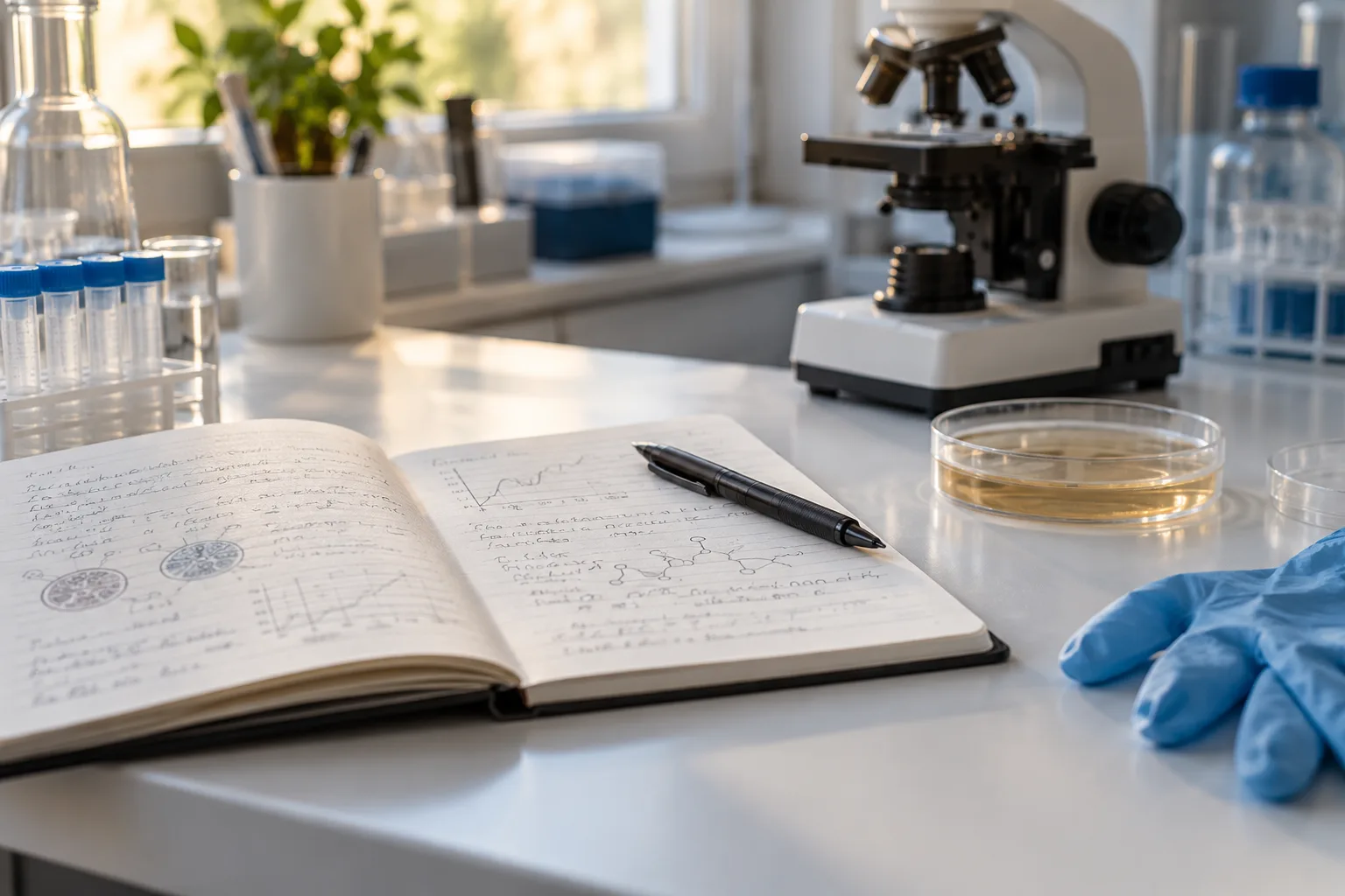 AI-generated placeholder showing a research notebook, microscope, and laboratory desk.