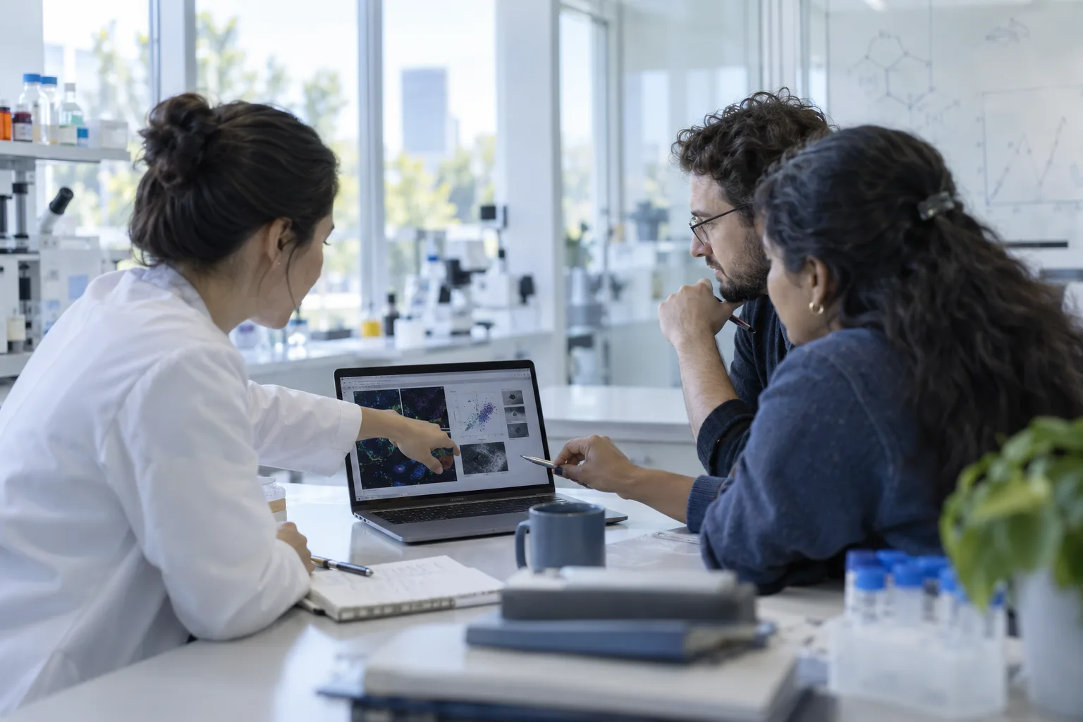 AI-generated illustration of a fictional research team discussing an analysis, not actual JiangLab members.