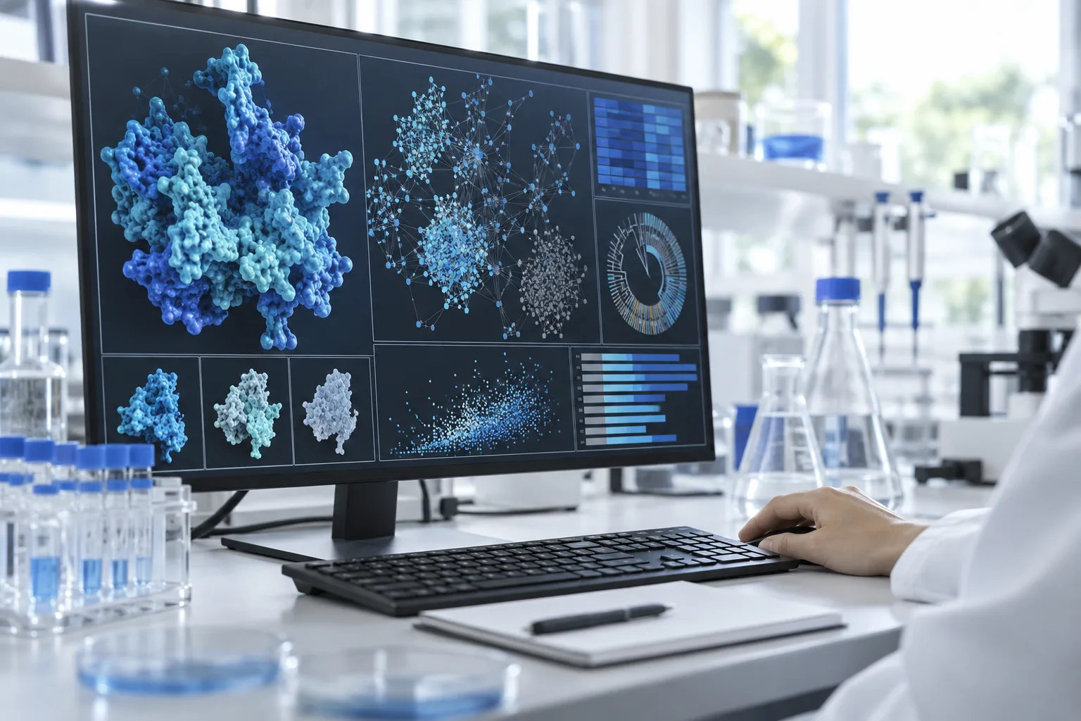 AI-generated placeholder of a bioinformatics workstation, not a released JiangLab software interface.
